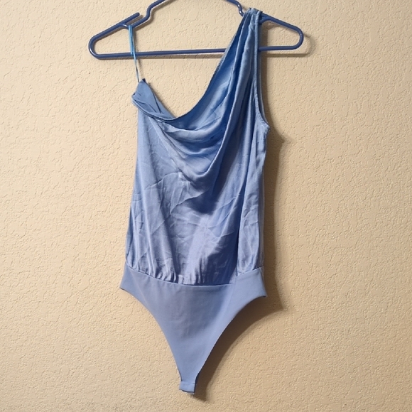 Cami NYC Light Blue Satin Silk Bodysuit One Shoulder NWT Size Small